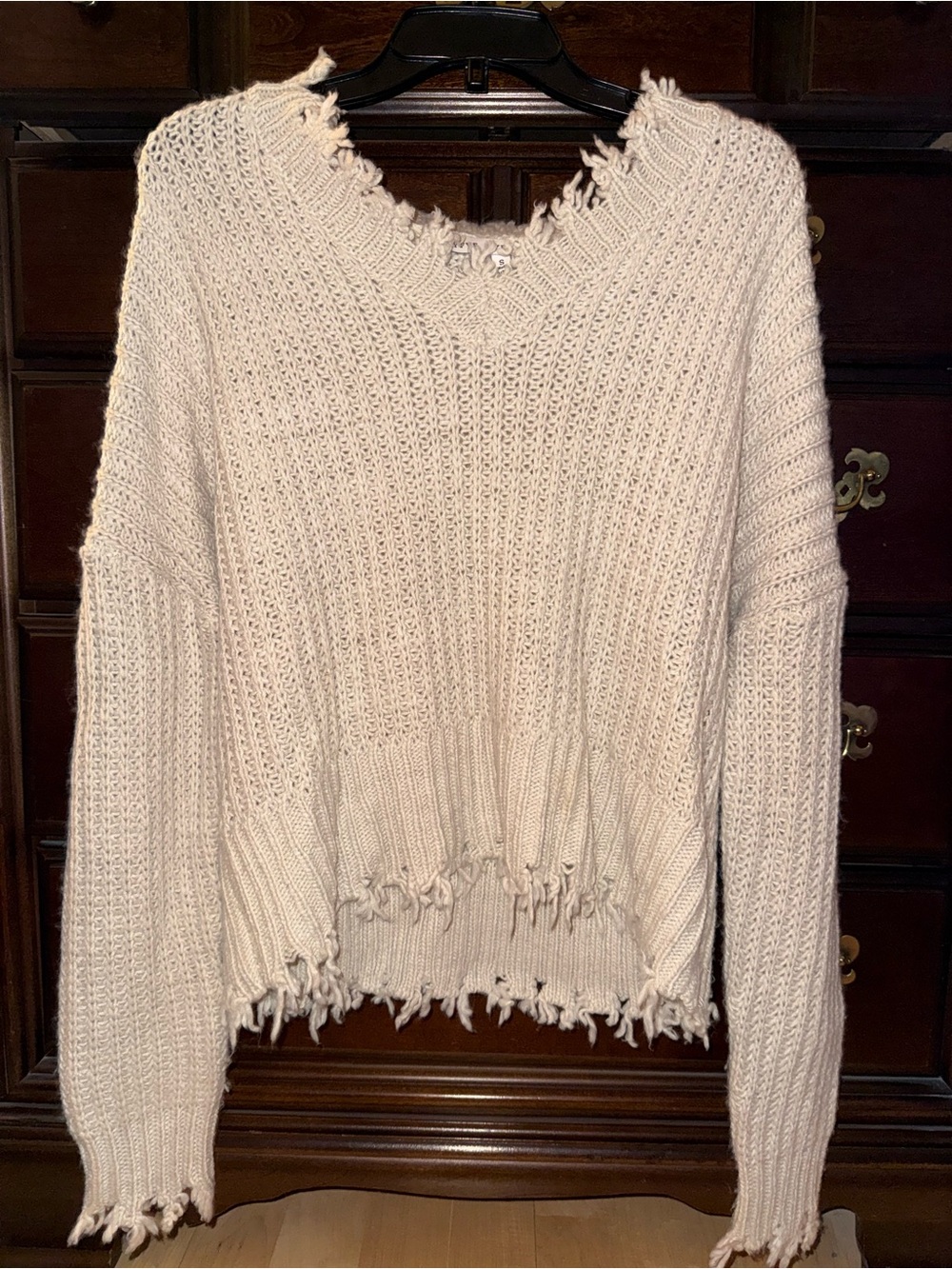 HYFVE Cream Distressed V-Neck Knit Sweater